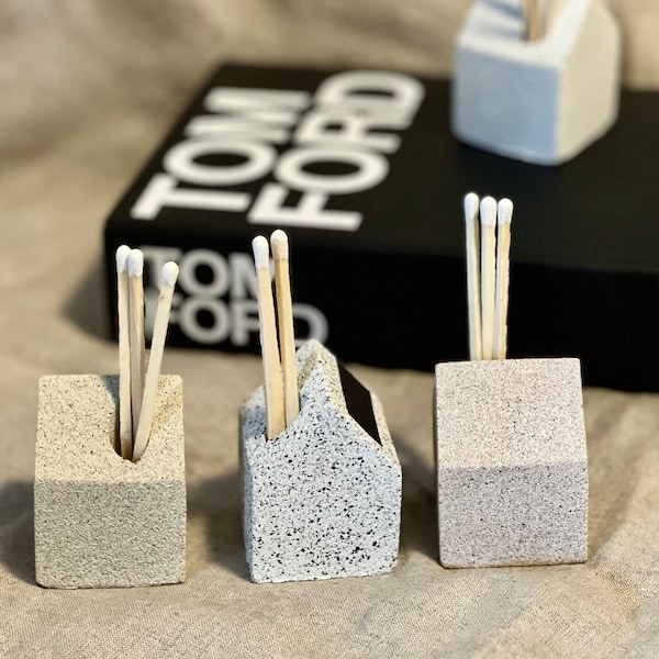 House match holder, match pot, stone match storage, match stick holder, concrete pot, stone house, new home gift, match striker house pot