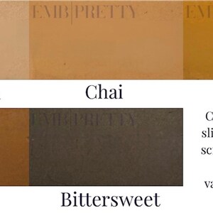 May include: Swatch card showing six different shades of brown paint. The shades are labeled "Cream Tan", "Chai", "Toffee", "Mocha", "Bittersweet", and "Toffee". The text "Colours may appear slightly differently on screen than in person and have several variations from tints to bold shades" is also included.