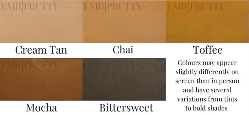 May include: Swatch card showing six different shades of brown paint. The shades are labeled "Cream Tan", "Chai", "Toffee", "Mocha", "Bittersweet", and "Toffee". The text "Colours may appear slightly differently on screen than in person and have several variations from tints to bold shades" is also included.