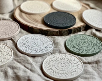 Mandala coasters, minimalist boho, set of 4, neutral decor, Jesmonite coaster, concrete candle tray, modern coffee table, eastern style