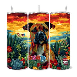 Vaso PitBull personalizado de 20 oz caliente y frío con paja - Regalo personalizado para amantes de los perros, mamá de perro, papá de perro, arte pitbull de calidad de museo
