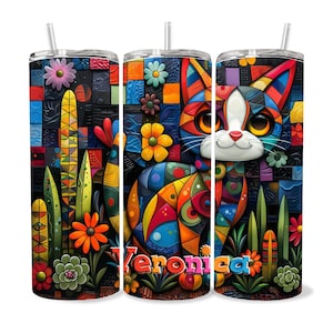 Personalisierter Katzenbecher 20 Unzen dünn, Deckel & Strohhalm - Schönes individuelles Geschenk mit Namen von Katzenliebhaber, Katzenmutter, Katzenvater, heiß, kalt, Kunst in Museumsqualität