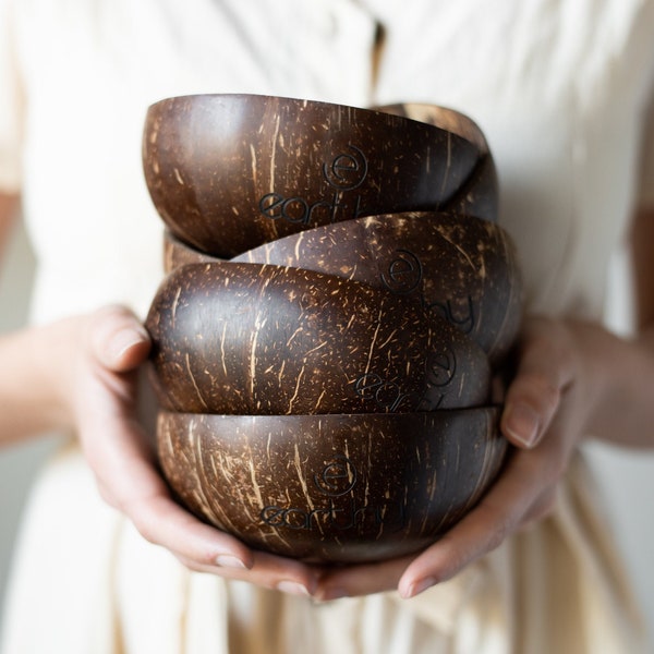 Kokosnussschalen & -löffel, -gabeln, -strohhalme aus Bambus | Smoothie Bowl | Acai Schale | Holzschalen Set | Veganes Geschenk | Umweltfreundliche Schale | Kokosnussschale