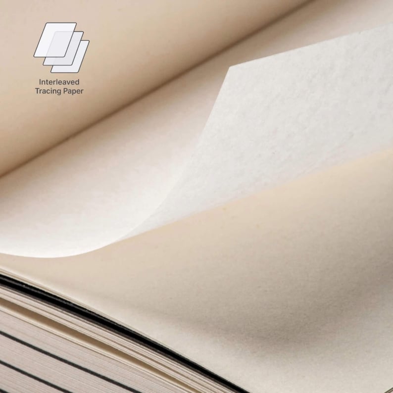 May include: Open notebook with interleaved tracing paper. The pages are a light beige color, with a sheet of white tracing paper lifted to reveal the texture. The text "Interleaved Tracing Paper" is in the upper left corner.