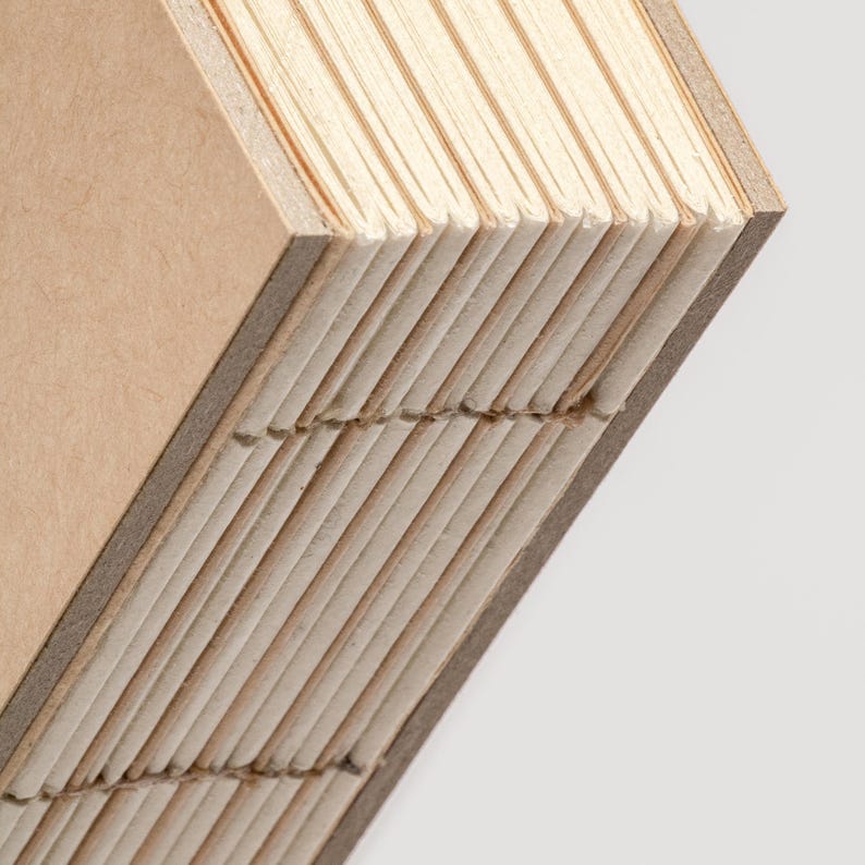 May include: Close-up of a handmade journal with a brown cover and cream-colored pages. The pages are sewn together, and the edges are visible. The journal is angled, showing the binding and the texture of the paper.