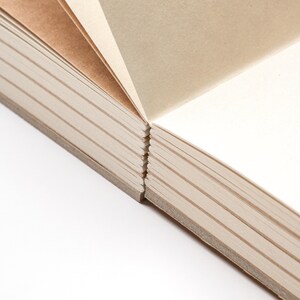 Peut inclure: Gros plan sur une pile de papier aux tons neutres. Les pages sont un m&eacute;lange de blanc, beige et marron, avec un aspect textur&eacute;. Les bords du papier sont visibles, montrant la construction en couches de la pile de papier.