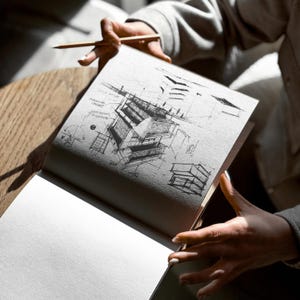May include: An open sketchbook with architectural sketches in pencil. The drawings depict building designs with detailed lines and shading. A wooden pencil rests on the page, held by a person. The sketchbook is on a wooden table.