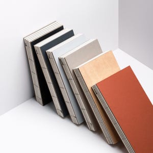 Op de afbeelding: Een verzameling van zeven notitieboeken in verschillende kleuren, waaronder zwart, grijs en terracotta. De notitieboeken zijn diagonaal gerangschikt en leunen tegen een witte muur. Elk notitieboek heeft een getextureerde kaft en een rug met zichtbare stiksels.