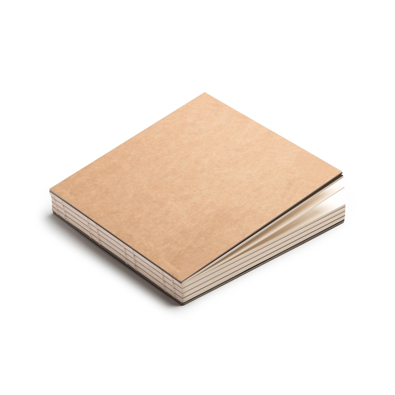 May include: A small, open notebook with a kraft paper cover. The pages are white with thin, horizontal lines. The binding is black with visible stitching. The notebook is angled slightly, revealing the interior pages.