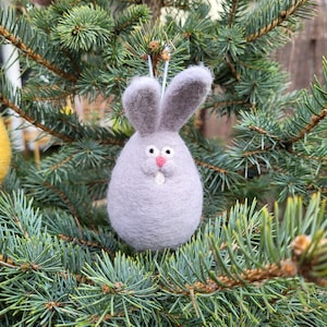 Needle Felted Grey Bunny Easter Egg Ornament: Handmade Wool Decoration