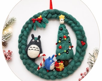 Handmade Needle Felted Christmas Wreath from 100 percent natural wool on metal ring