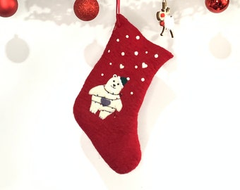 Felted Polar bear Christmas Stocking // Present // Gift // Stocking // Wool // Red Stocking for Xmas // Xmas decoration // Chimney