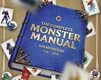 Cartas de monstruos de D&D, Manual completo de monstruos, 509 monstruos, 2024 5.5e, fichas imprimibles, tarjetas de tablero plegables, bloques de estadísticas, descarga fácil.
