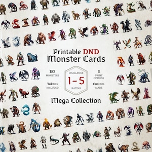 D&D Monster Cards, Desafío 1 a 5, Mega Colección, Fichas, Tarjetas de tablero plegables, Descarga digital fácil, Manual de monstruos, Statblocks, CR1-5