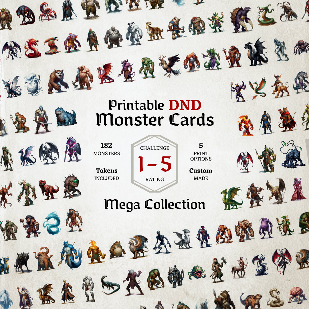 D&D Monster Cards, Challenge 1 to 5, Mega Collection, Tokens, Foldable  Board Cards, Easy Digital Download, Monster Manual, Statblocks, CR1-5 - Etsy