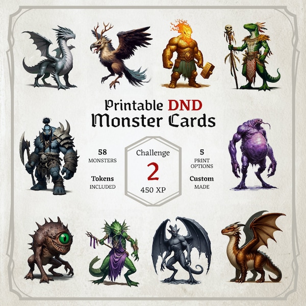 D&D-Monsterkarten, Challenge 2, Token, faltbare Brettkarten, maßgefertigt, hochwertige Karten, einfacher digitaler Download, Monster-Handbuch, CR2