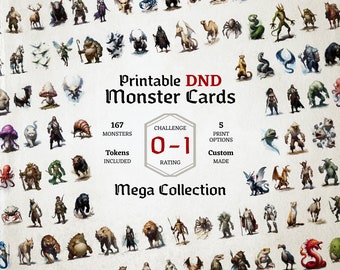 D&D Monster Cards, Challenge 0 to 1, Mega Collection, Tokens, Foldable Board Cards, Easy Digital Download, Monster Manual, Stat blocks