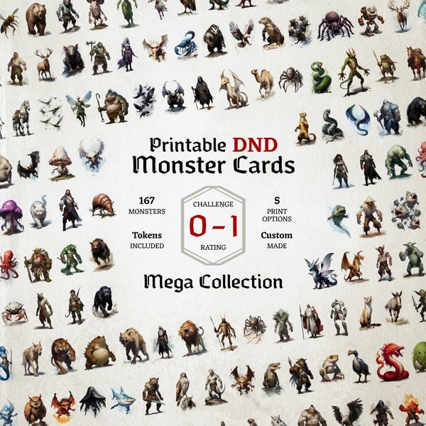 Cartes monstres D&D, Défi 0 à 1, Mega Collection, Jetons, Cartes de tableau pliables, Téléchargement numérique facile, Manuel monstre, Blocs Stat