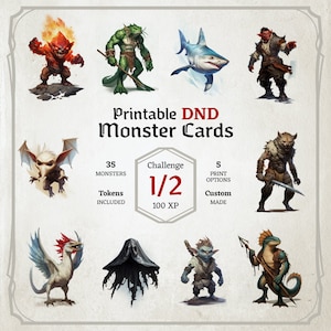 D&D Monster Cards, Challenge 1/2, Tokens, Foldable Board Cards, Custom made, High-Quality Cards, Easy Digital Download, Monster Manual
