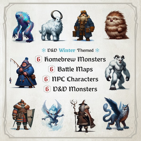 D&D Homebrew Monster Cards, Winter Themed, NPC, Maps, Tokens, Adventure Pack, Foldable Board Cards, Custom made, Easy Digital Download