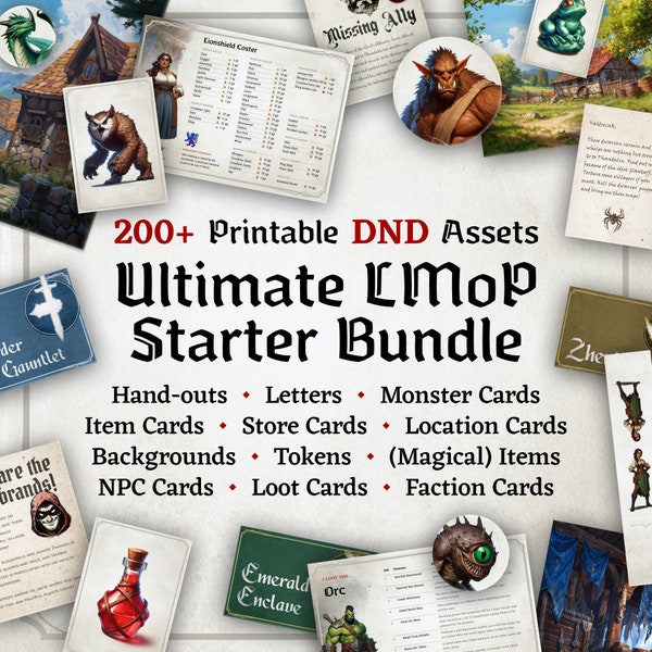 Ultimate LMoP Starter Bundle, 200+ D&D Assets, Monster Cards, Handouts, Tokens, Factions, Magical Items, Store Cards, NPC Cards, and More