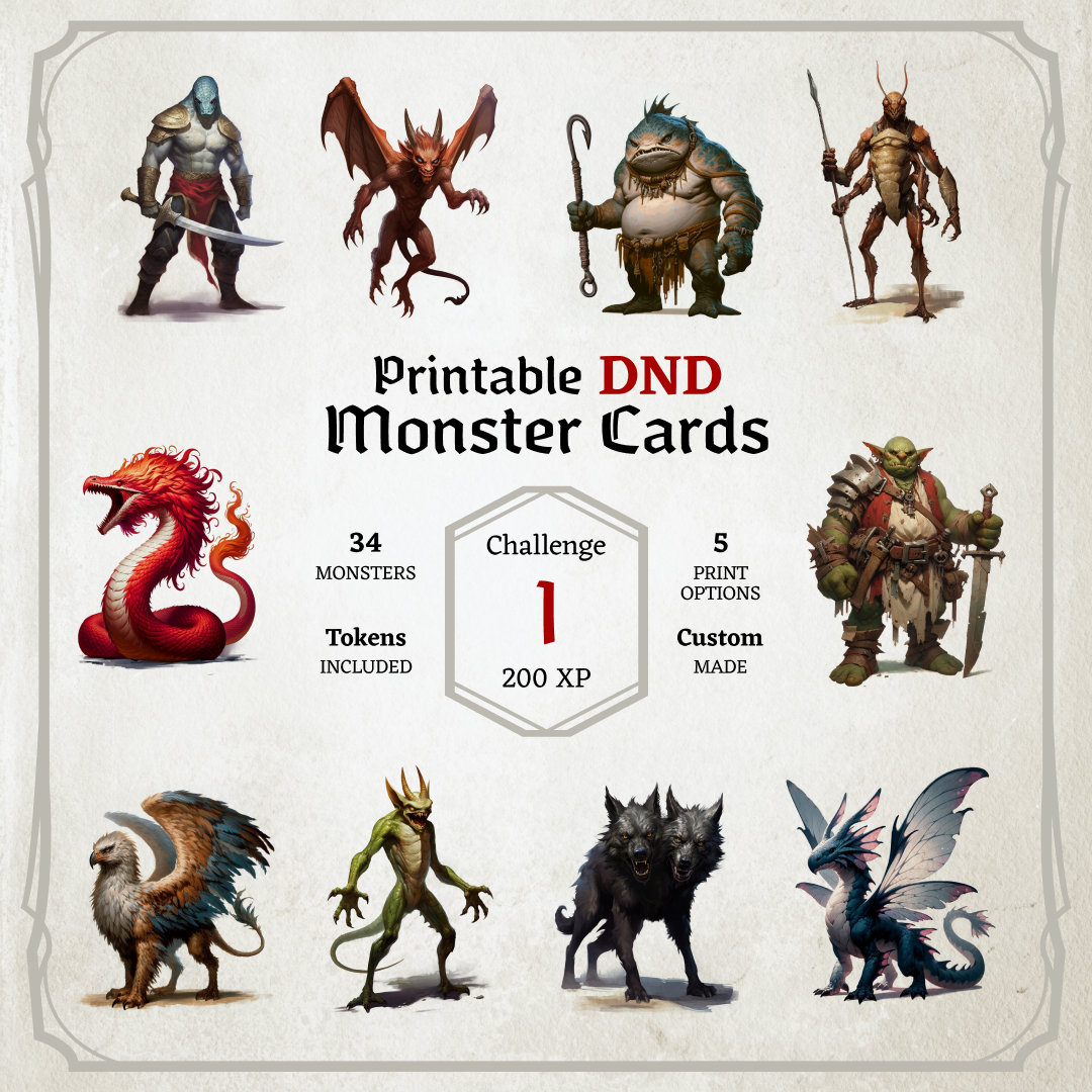 D&D Monster Cards, Challenge 1, Tokens, Foldable Board Cards, Custom ...