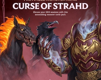 May include: A digital graphic featuring the text PRINTABLE MONSTER MINIS CURSE OF STRAHD and DRACONIC TREASURE. The image displays a black horse with a flaming mane, a black bird, and a headless suit of ornate red and gold armour with smoke.