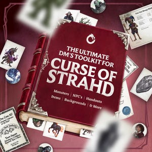 Puede incluir: Un libro de tapa dura rojo oscuro titulado The Ultimate DM's Toolkit for Curse of Strahd, con esquinas de metal plateado con motivos de murciélagos. La portada enumera monstruos, PNJ, folletos, objetos y fondos, rodeado de varias cartas de personajes y fichas de juego.