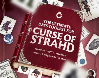 May include: A deep red hardcover book titled The Ultimate DM's Toolkit for Curse of Strahd, featuring silver metal corner accents, surrounded by various illustrated character cards, creature tokens, and printed game handouts.