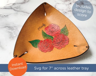 SVG laser file for 7" leather valet tray - can be sized to any size - includes camellia flowers design