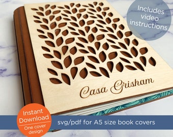 Leaf Pattern design Book Covers, SVG/PDF file for laser, personalized sketchbook, journal, guest book for wedding, for grad, gift for mom