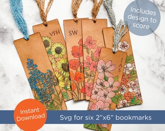 SVG laser file for 6 bookmarks - includes floral designs for scoring