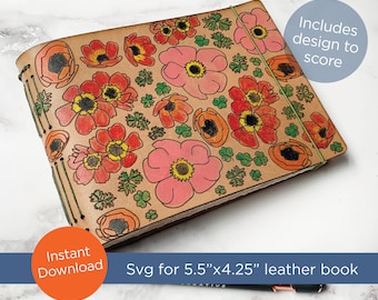 SVG laser file for 5.5"w x 4.25"h leather long stitch book | garden floral design