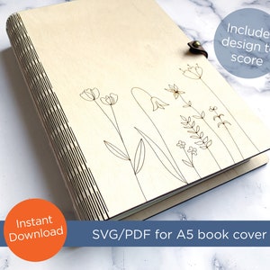 SVG / PDF laser file for 5.5&quot;w x 8.3&quot;h, A5 size, Wood Living Hinge book cover - travel journal cut file