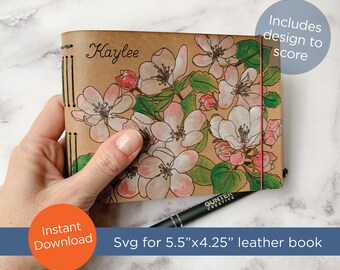 SVG laser file for 5.5"w x 4.25"h leather long stitch book | Apple Blossom floral design