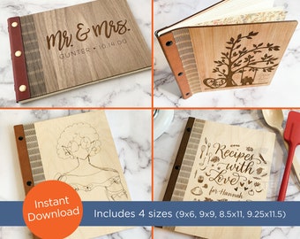 Wood Book cover, living hinge, SVG, EPS laser cut file, 4 sizes - Wood Living Hinge album, guest book, sketch book, gift for bride