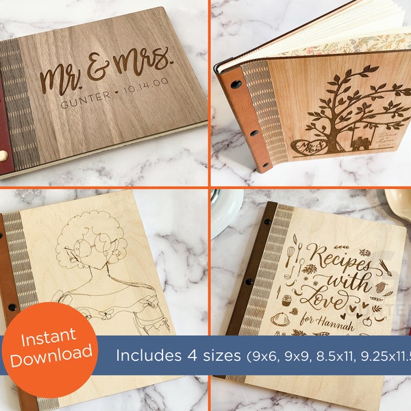 Wood Book cover, living hinge, SVG, EPS laser cut file, 4 sizes - Wood Living Hinge album, guest book, sketch book, gift for bride