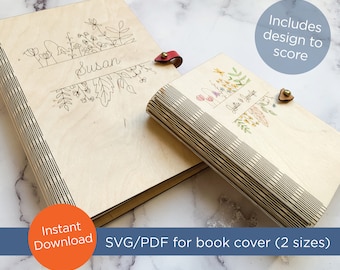 Book cover, 2 sizes SVG, PDF laser cut files, 5.5"w x 8.3"h inch & 3.5"w x 5.5"h inch, Wood, Living Hinge, travel journal