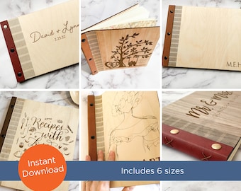 Wood book cover, living hinge, SVG, EPS laser cut file, 6 sizes, Wood Living Hinge album, guest book, sketch book, gift for bride