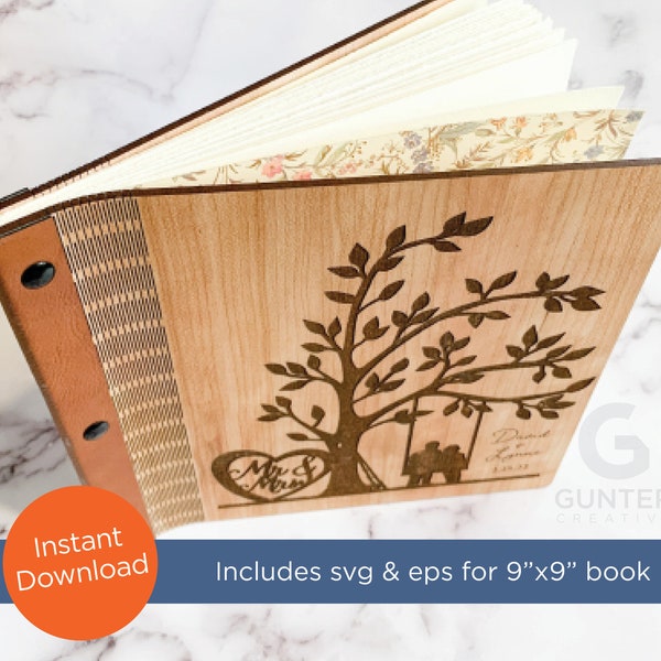 Archivo láser SVG / EPS para álbum Wood Living Hinge de 9" x 9", libro de visitas, cuaderno de bocetos