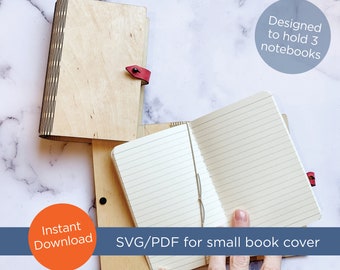 Book cover, SVG, PDF laser cut files for 3.5"w x 5.5"h inch Wood Living Hinge book cover - travel journal, notebook, replaceable notebooks
