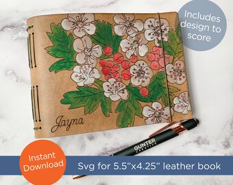 SVG laser file for 5.5"w x 4.25"h leather long stitch book | Hawthorne floral design