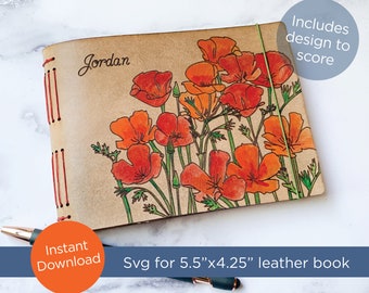 SVG laser file for 5.5"w x 4.25"h leather long stitch book | poppies floral design