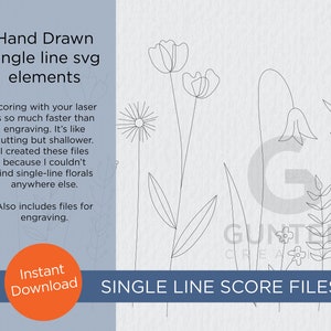 May include: A digital illustration featuring hand-drawn single-line floral elements. The image includes various flower and leaf designs in black lines on a light gray background. Text includes "Hand Drawn single line svg elements" and "SINGLE LINE SCORE FILES".