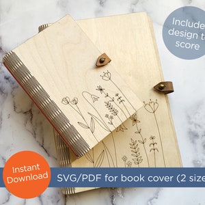 Couverture de livre, fichiers laser, 2 tailles, 5,5 pouces l x 8,3 pouces et 3,5 x pouces 5,5 pouces, charnière Wood Living, carnet de voyage, fichier découpé