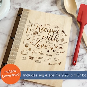 SVG / EPS laser file for 9.25"w x 11.5"h Wood Living Hinge recipe book for top loading plastic sheets