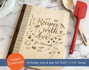 SVG / EPS laser file for 9.25&quot;w x 11.5&quot;h Wood Living Hinge recipe book for top loading plastic sheets