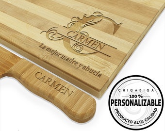 Tabla de corte personalizada. Pack tabla de corte + cuchillo alta calidad Bambú. Producto set cocina. Perfecto regalo 100% personalizable.