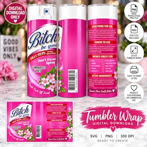 Może przedstawiać: Różowy cyfrowy wzór na kubek z tekstem Bitch be gone, Kills 99.9% of hoes, drama & bitches, Don't try me Spray oraz Eliminates Hoes, ozdobiony różowymi kwiatami wiśni i kodem kreskowym, przeznaczony na kubek o pojemności 591 ml.