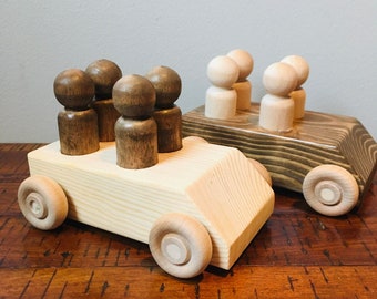 Wooden Car Set | Set of 2 Peg People Cars | Wooden Cars | Vehicles with Peg People